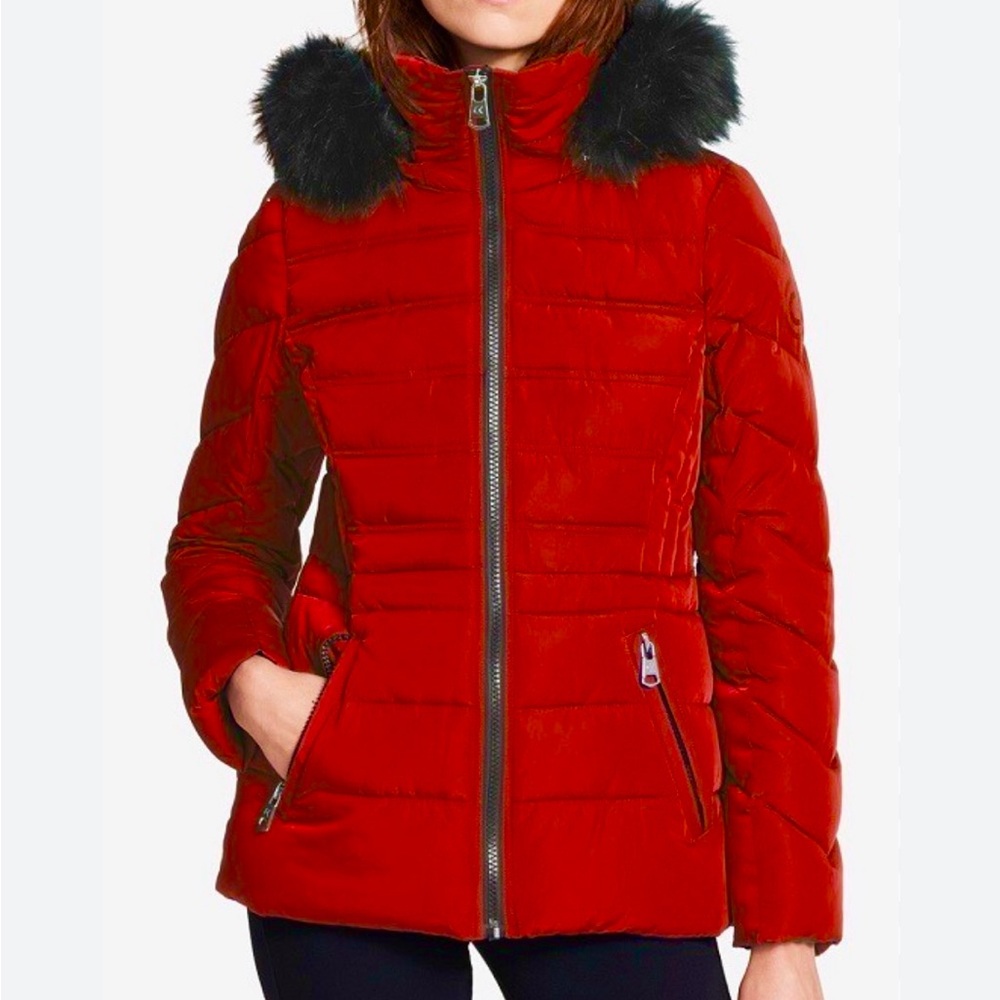 Red Puffer Jacket w/Faux Fur Trimmed Hood